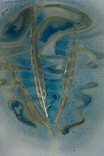 Load image into Gallery viewer, Abstrac3_pheasant_feathers_cyanolumen_2t art with wavy lines and blue and beige colors on a textured background
